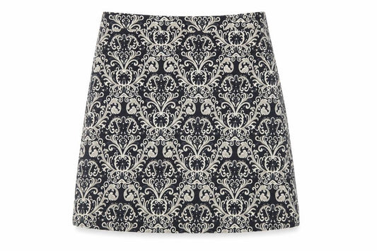 Front view of Marks & Spencer women’s black paisley polyester a-line skirt, size UK 10, zip - lined