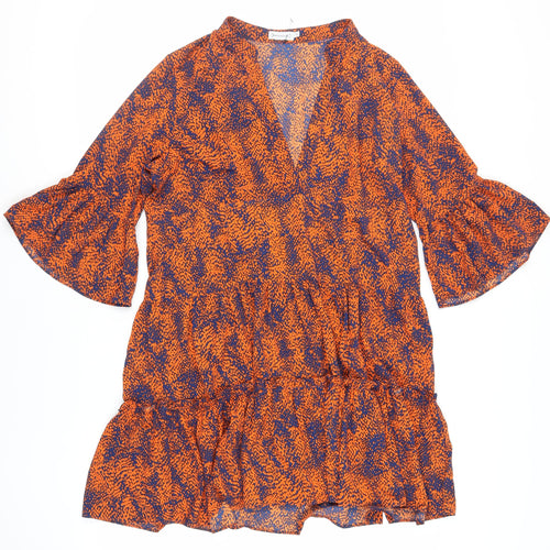 Warehouse Womens Orange Animal Print Polyester Tank Dress Size L V-Neck Pullover - Flare Sleeves