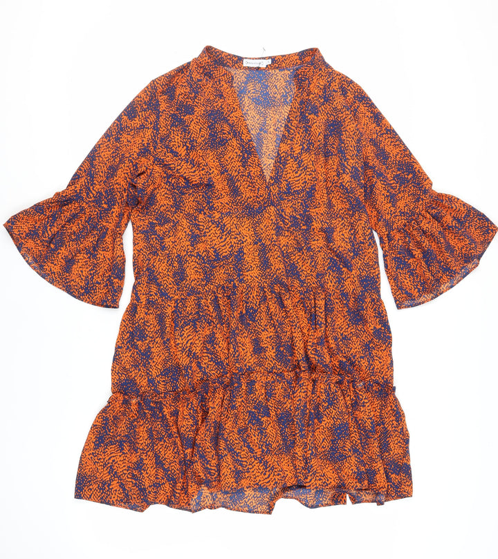 Warehouse Womens Orange Animal Print Polyester Tank Dress Size L V-Neck Pullover - Flare Sleeves