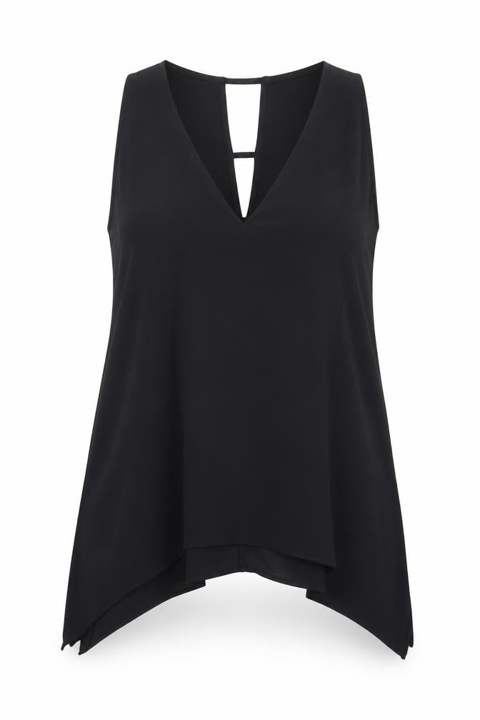 Front view of River Island women’s black polyester basic tank, size UK 14, v-neck - asymmetric