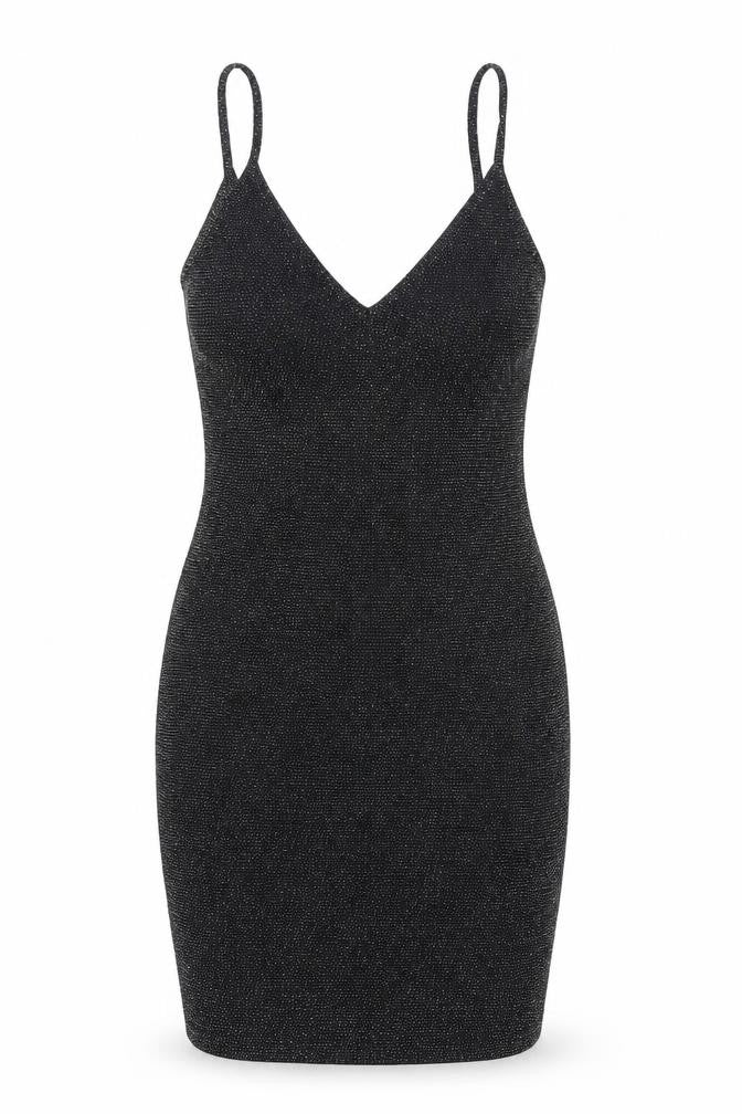Front view of PRETTYLITTLETHING women’s black nylon bodycon, size UK 10, v-neck pullover - glitter