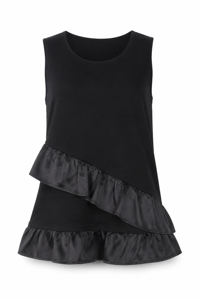 Front view of Warehouse women’s black viscose basic tank, size UK 8, round neck - ruffle