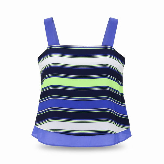 Front view of Next women’s blue striped polyester basic tank, size UK 14, square neck