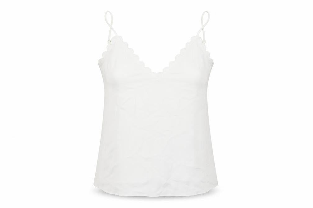 Front view of River Island women’s white polyester camisole tank, size UK 14, v-neck - lace trim