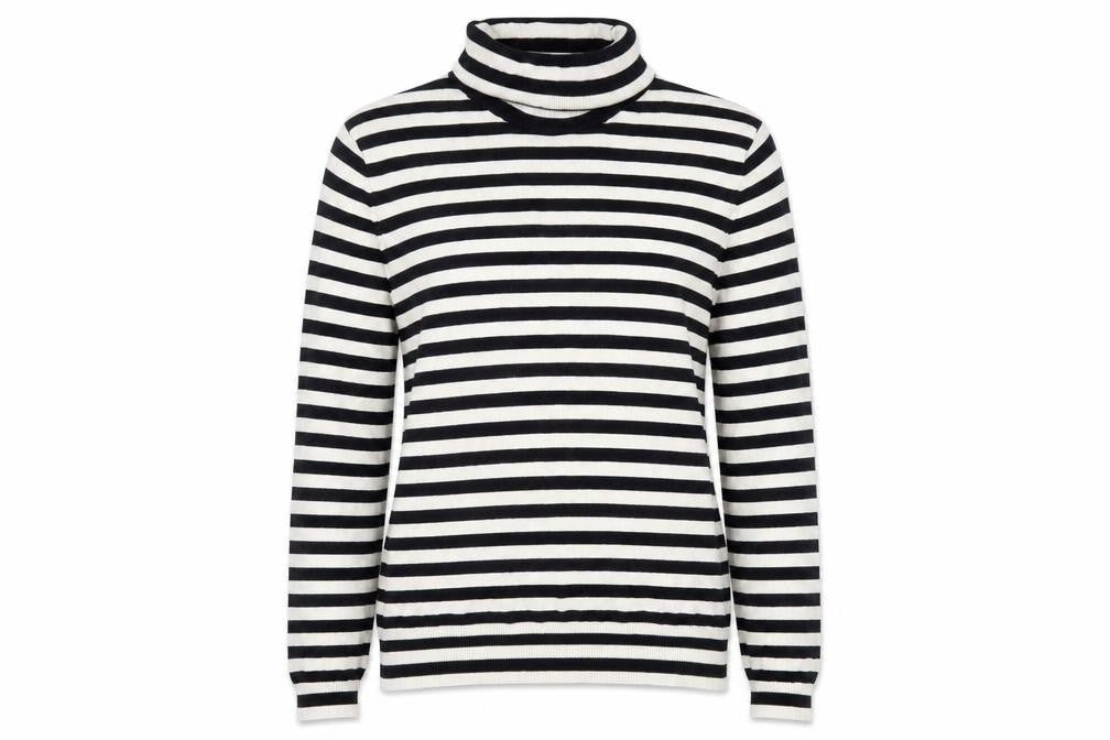 Front view of H&M women’s black roll neck striped viscose jumper, size M