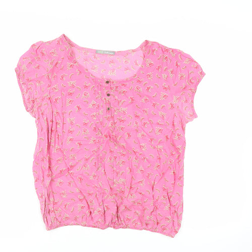 Marks and Spencer Womens Pink Floral Cotton Basic Blouse Size 16 Round Neck