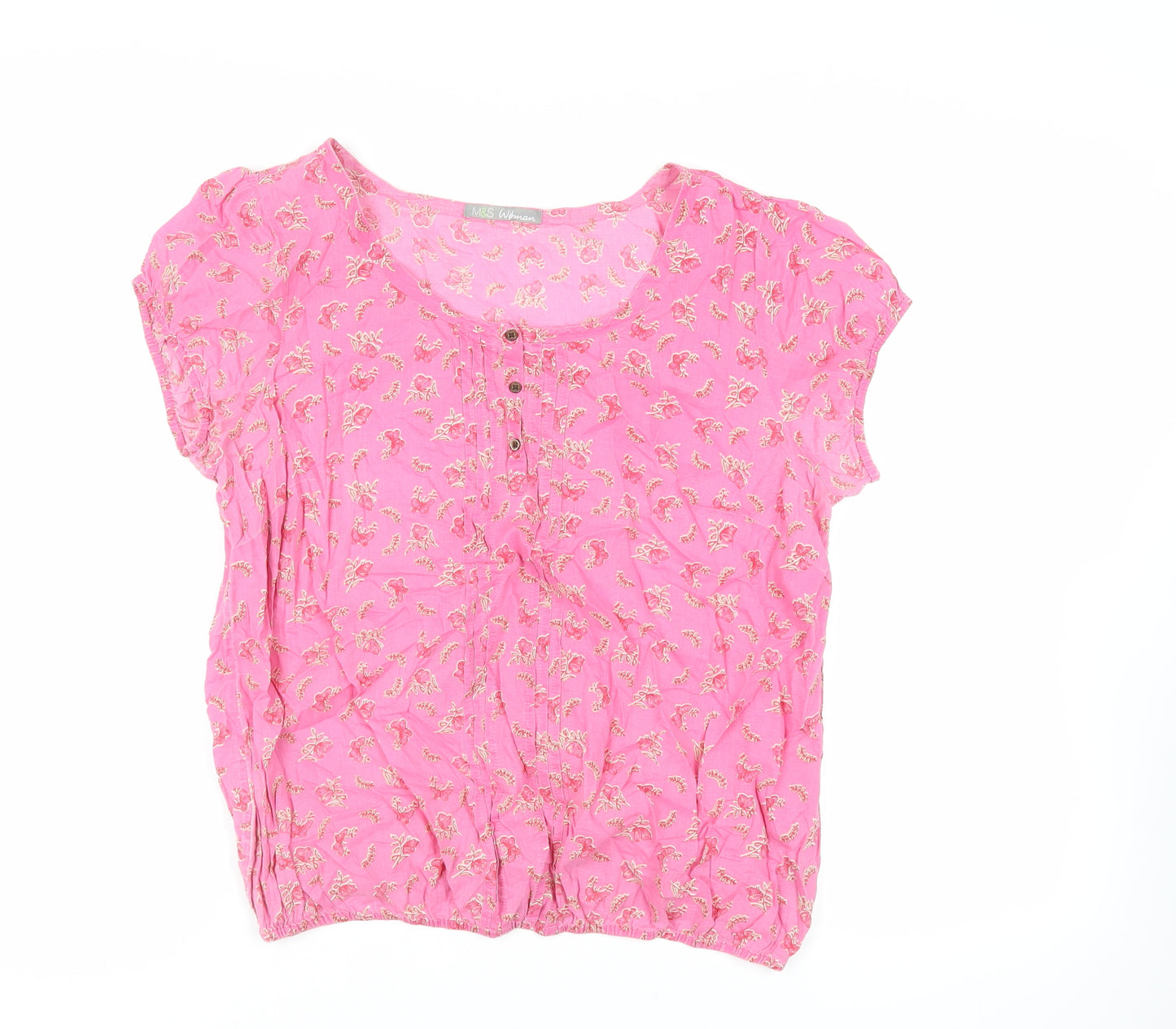 Marks and Spencer Womens Pink Floral Cotton Basic Blouse Size 16 Round Neck