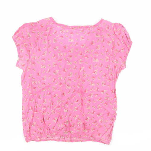 Marks and Spencer Womens Pink Floral Cotton Basic Blouse Size 16 Round Neck