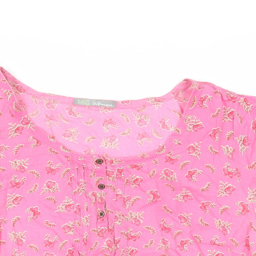 Marks and Spencer Womens Pink Floral Cotton Basic Blouse Size 16 Round Neck