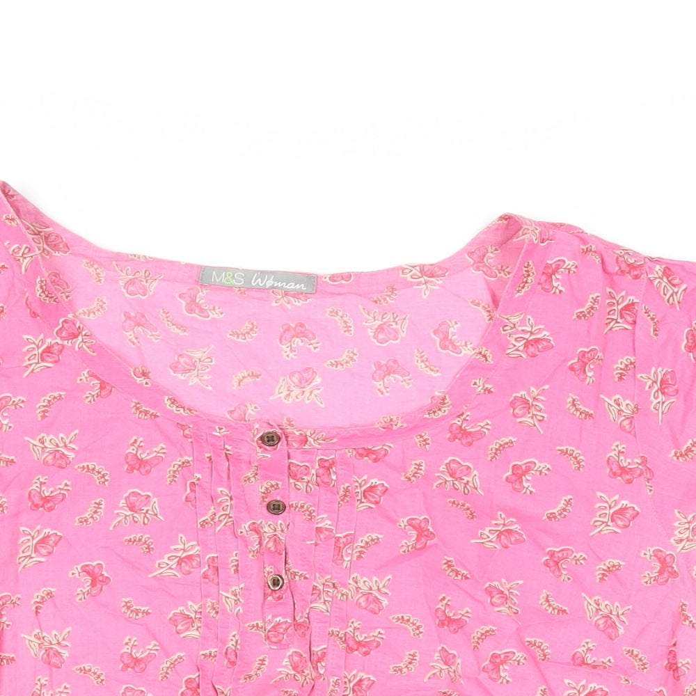 Marks and Spencer Womens Pink Floral Cotton Basic Blouse Size 16 Round Neck