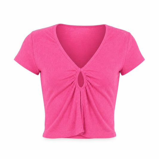 Front view of AsYou women’s pink polyester cropped blouse, size UK 6, v-neck - neckline detail