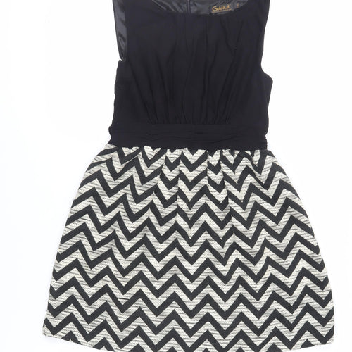 GOLDKID Womens Black Geometric Polyester Fit & Flare Size S Boat Neck Zip