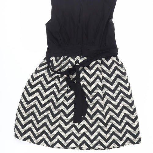 GOLDKID Womens Black Geometric Polyester Fit & Flare Size S Boat Neck Zip
