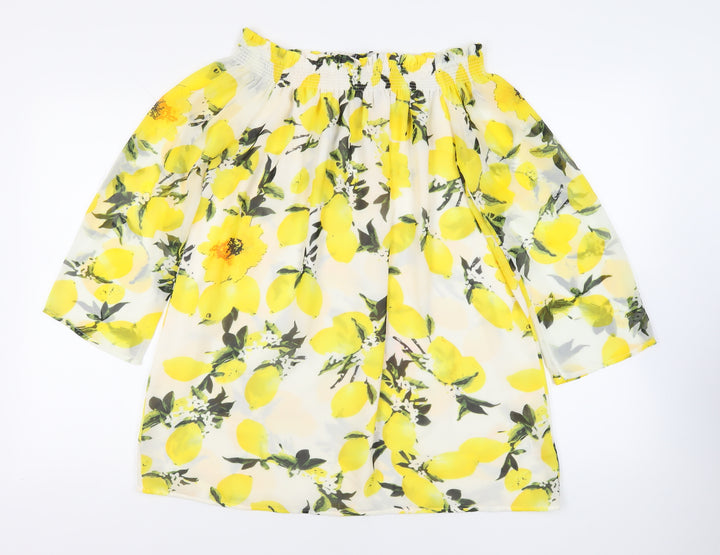 PRETTYLITTLETHING Womens Ivory Geometric Polyester Basic Blouse Size 8 Off the Shoulder - Lemon Print
