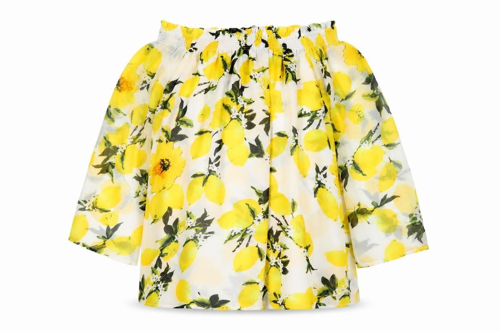 Front view of PRETTYLITTLETHING women’s ivory geometric polyester basic blouse, size UK 8, off the shoulder - lemon print