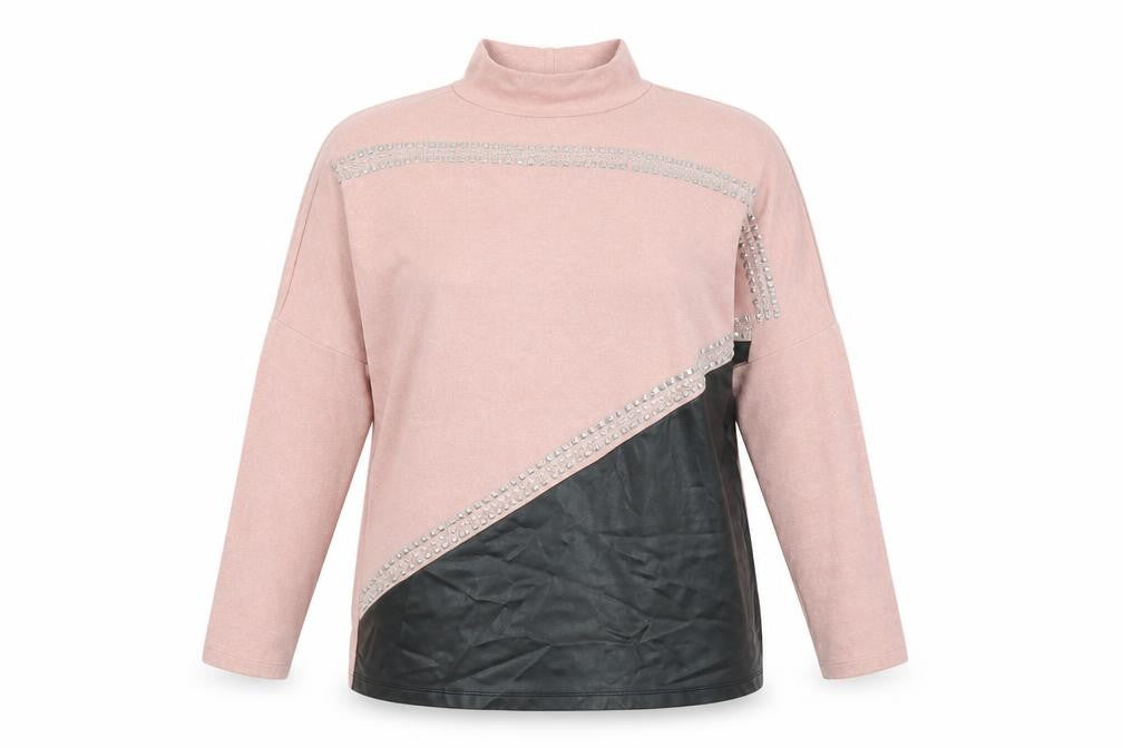 Front view of Select women’s pink high neck viscose jumper, size S, - studded