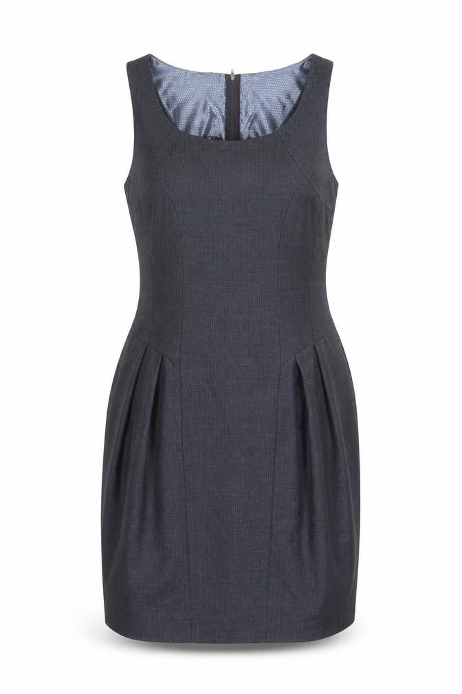 Front view of Next women’s blue polyester pencil dress, size UK 14, boat neck zip - lined