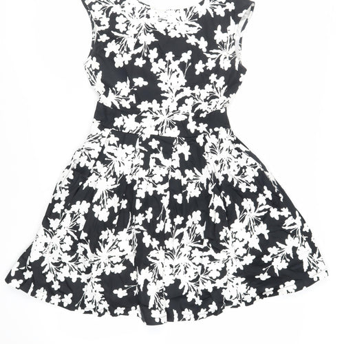 Izabel London Womens Black Floral Cotton Fit & Flare Size 10 Boat Neck Zip