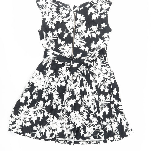 Izabel London Womens Black Floral Cotton Fit & Flare Size 10 Boat Neck Zip