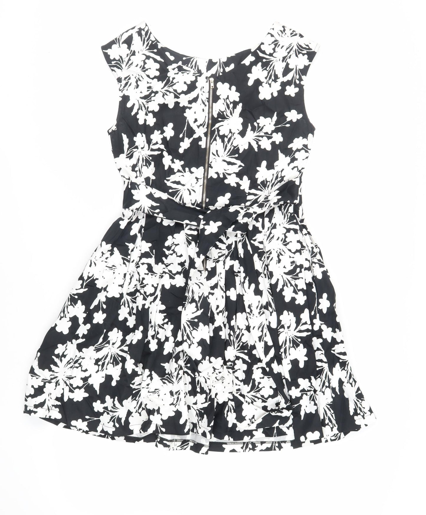 Izabel London Womens Black Floral Cotton Fit & Flare Size 10 Boat Neck Zip