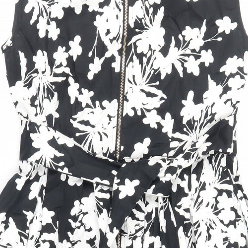 Izabel London Womens Black Floral Cotton Fit & Flare Size 10 Boat Neck Zip