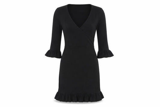 Front view of Boohoo women’s black polyester mini, size UK 8, v-neck pullover - ruffle