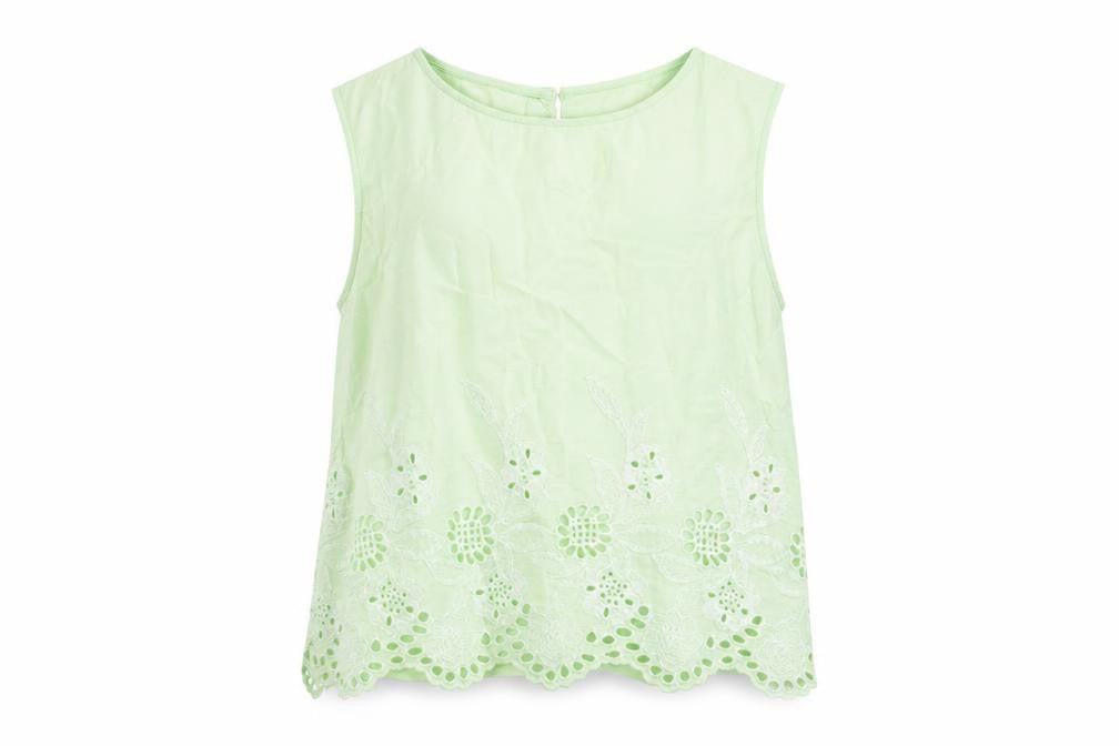 Front view of River Island women’s green viscose basic tank, size UK 10, round neck - embroidered
