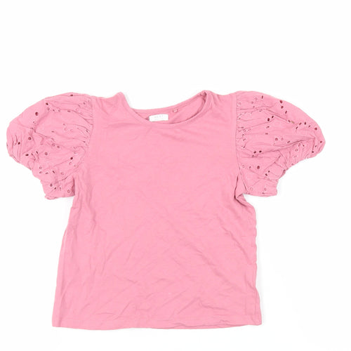 NEXT Girls Pink Cotton Basic T-Shirt Size 7 Years Crew Neck Pullover - Broderie Anglaise