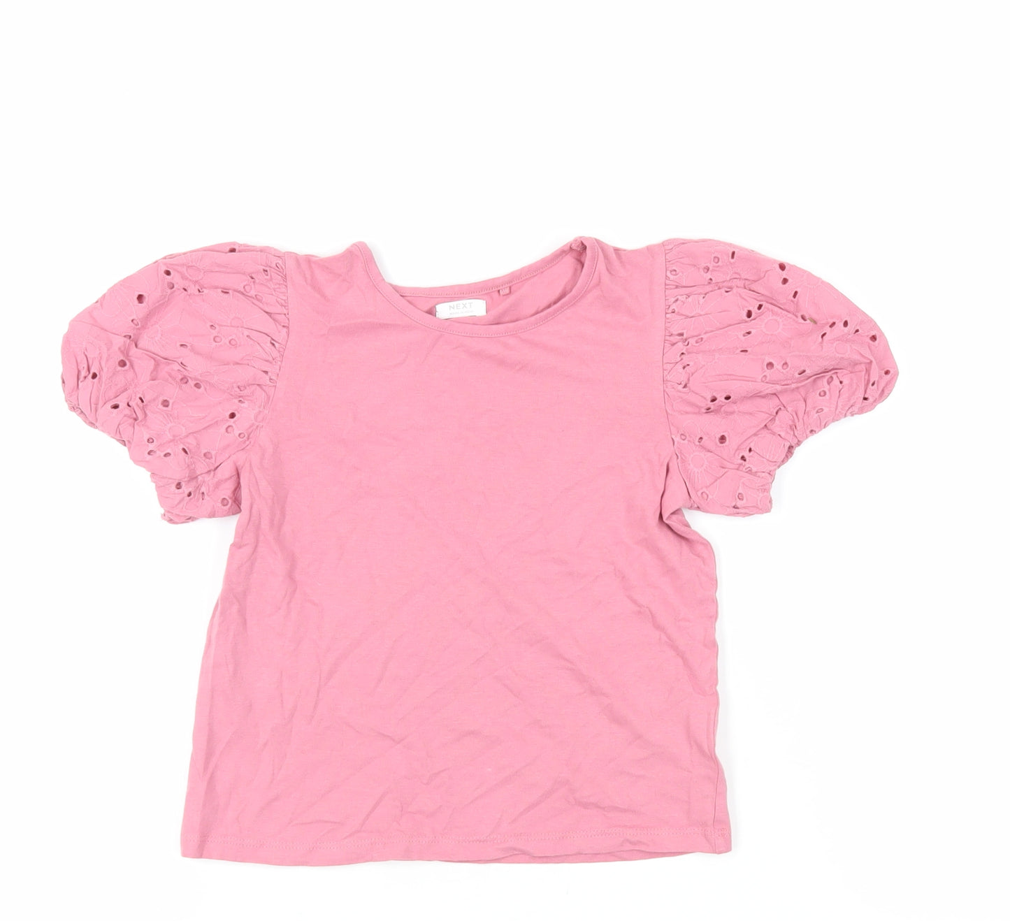 NEXT Girls Pink Cotton Basic T-Shirt Size 7 Years Crew Neck Pullover - Broderie Anglaise