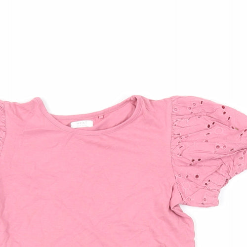 NEXT Girls Pink Cotton Basic T-Shirt Size 7 Years Crew Neck Pullover - Broderie Anglaise