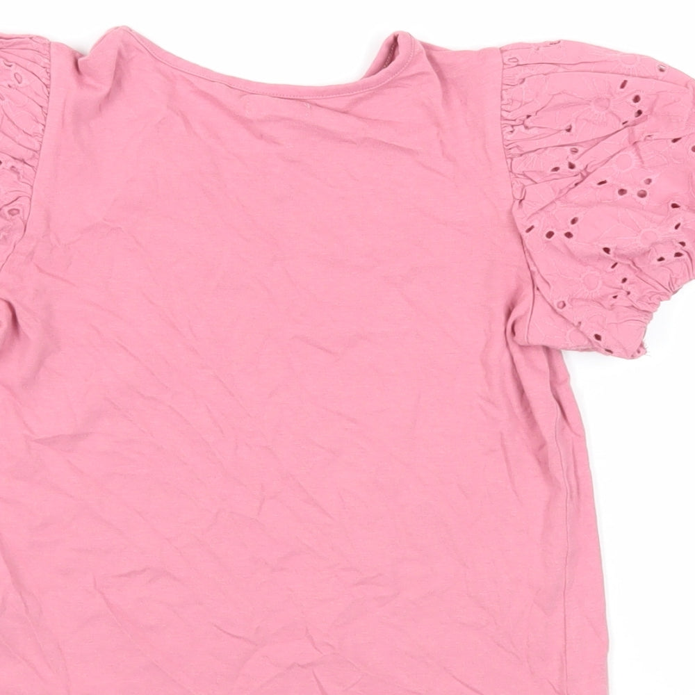 NEXT Girls Pink Cotton Basic T-Shirt Size 7 Years Crew Neck Pullover - Broderie Anglaise