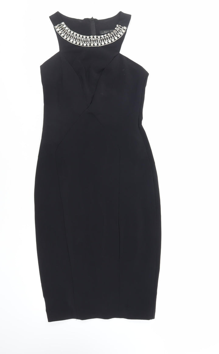 Zara Womens Black Polyester Pencil Dress Size S Halter Zip - Embellished Neckline