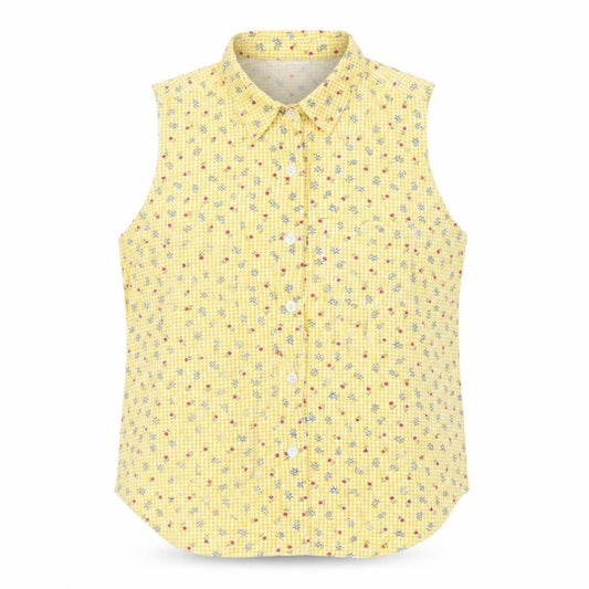 Front view of Dorothy Perkins women’s yellow floral cotton basic button-up, size UK 12, collared - vintage