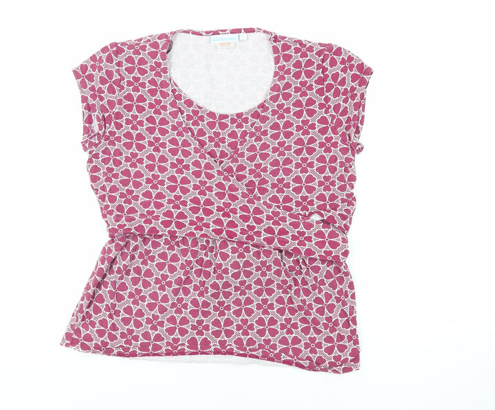 JoJo Maman Bébé Womens Purple Geometric Viscose Basic T-Shirt Size S Round Neck - Wrap Detail