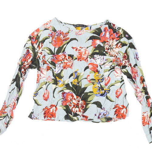Zara Womens Green Floral Viscose Basic Blouse Size M Boat Neck
