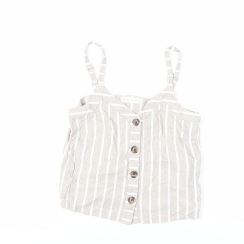NEXT Womens Beige Striped Linen Basic Tank Size 8 V-Neck