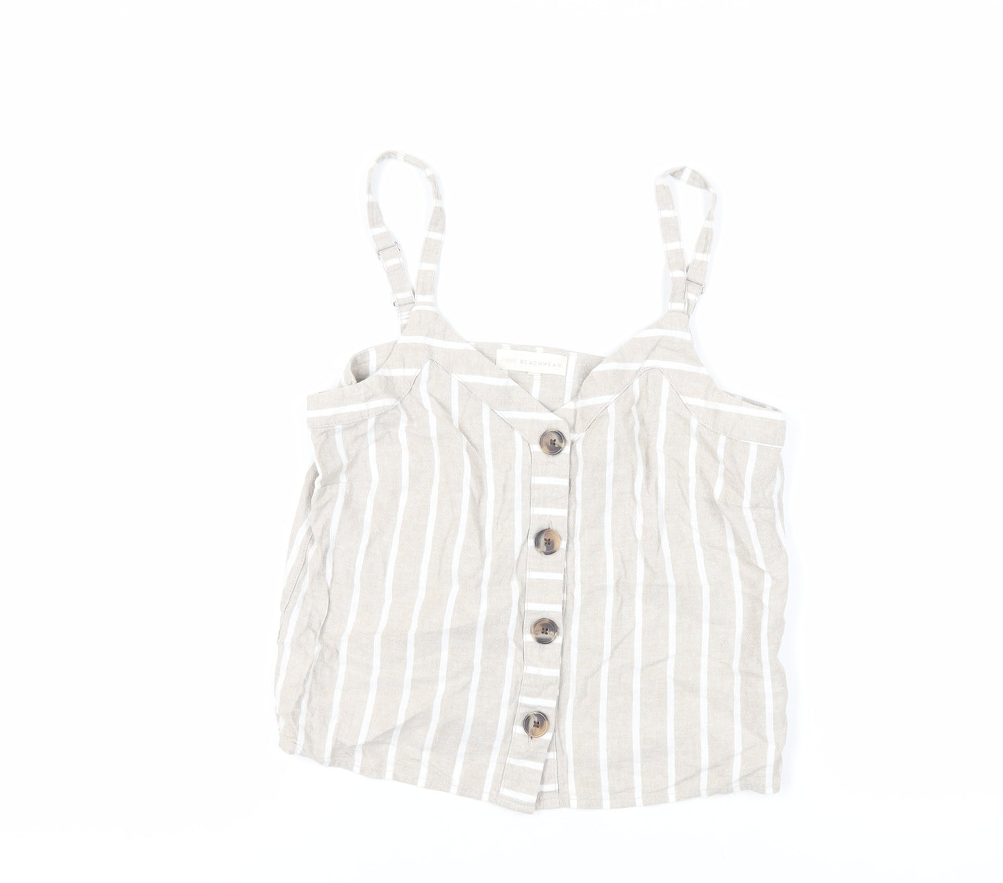 NEXT Womens Beige Striped Linen Basic Tank Size 8 V-Neck