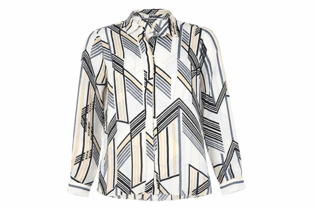 Front view of Dorothy Perkins women’s ivory geometric polyester basic button-up, size UK 14, collared