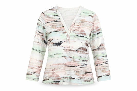 Front view of Artigiano women’s multicoloured geometric viscose basic t-shirt, size UK 12, v-neck