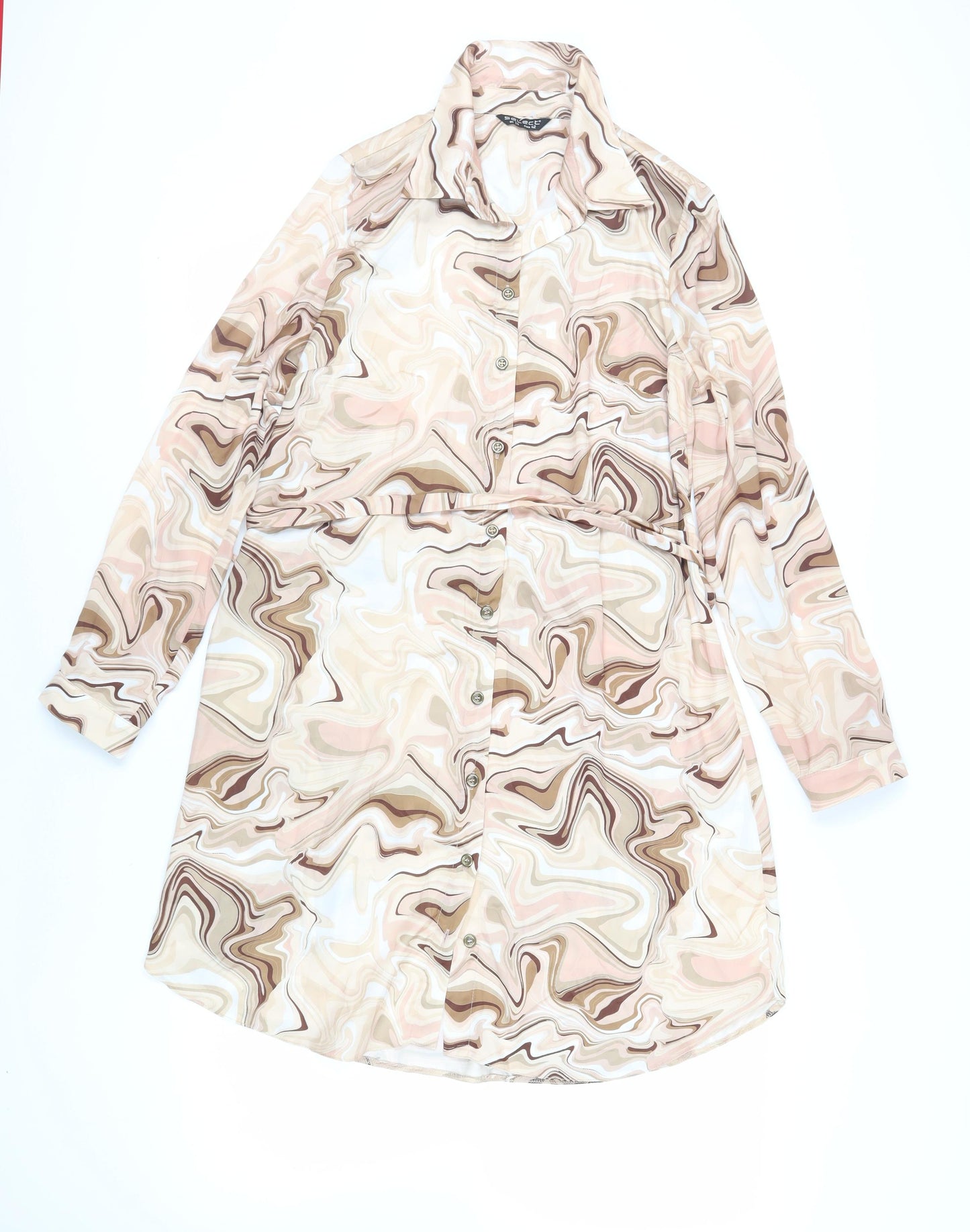 Select Womens Beige Geometric Polyester Shirt Dress Size 14 Collared