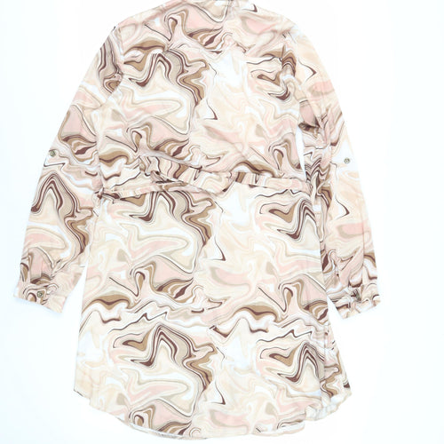 Select Womens Beige Geometric Polyester Shirt Dress Size 14 Collared