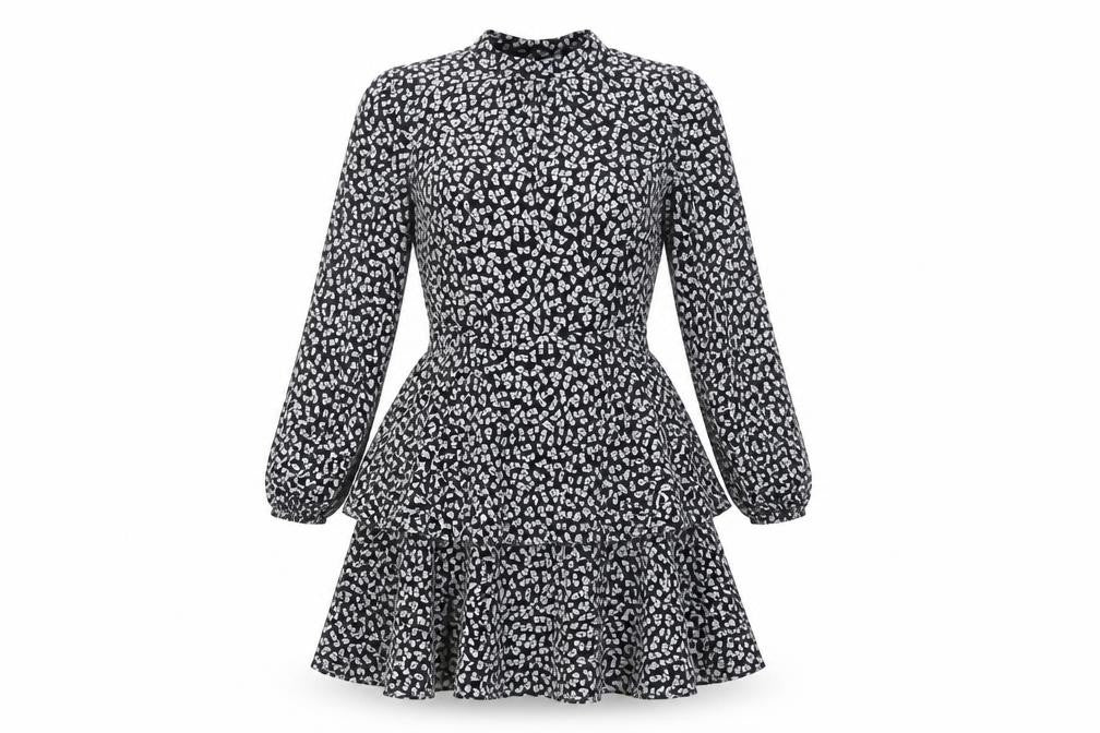 Front view of Warehouse women’s black geometric polyester fit & flare, size UK 10, mock neck button - layered