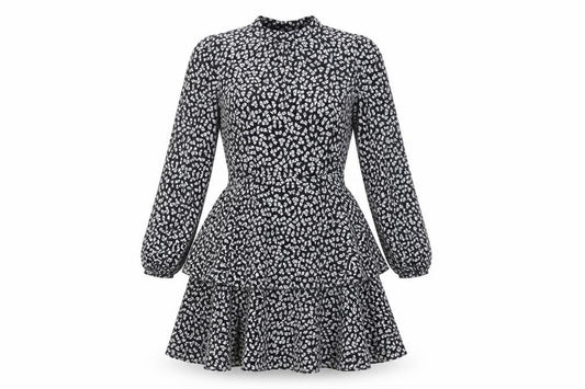 Front view of Warehouse women’s black geometric polyester fit & flare, size UK 10, mock neck button - layered