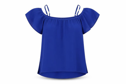 Front view of Dorothy Perkins women’s blue polyester basic blouse, size UK 8, off the shoulder