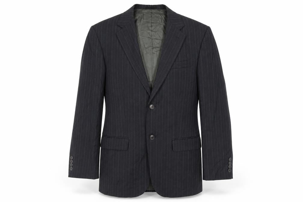 Front view of Geoffrey Beene men’s grey striped wool jacket suit jacket, size 38, regular