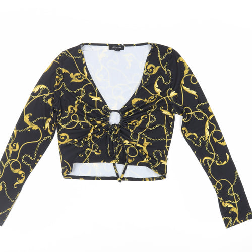 New Look Womens Black Geometric Polyester Cropped Blouse Size 14 V-Neck