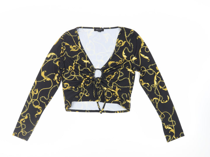 New Look Womens Black Geometric Polyester Cropped Blouse Size 14 V-Neck