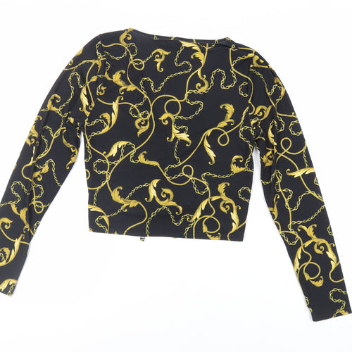 New Look Womens Black Geometric Polyester Cropped Blouse Size 14 V-Neck