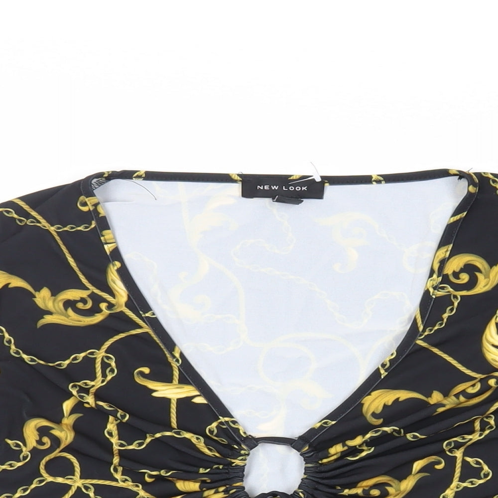 New Look Womens Black Geometric Polyester Cropped Blouse Size 14 V-Neck