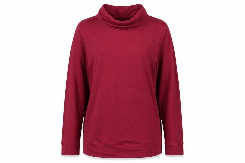 Front view of Cotton Traders women’s red viscose basic blouse, size UK 12, roll neck